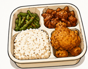 Mixed rice box with rice, greens, chicken, and tofu