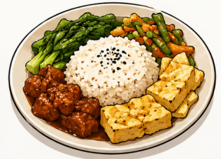Mixed rice plate with rice, greens, chicken, and tofu
