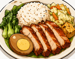 Mixed rice plate with roast chicken, egg, greens, tofu, and rice